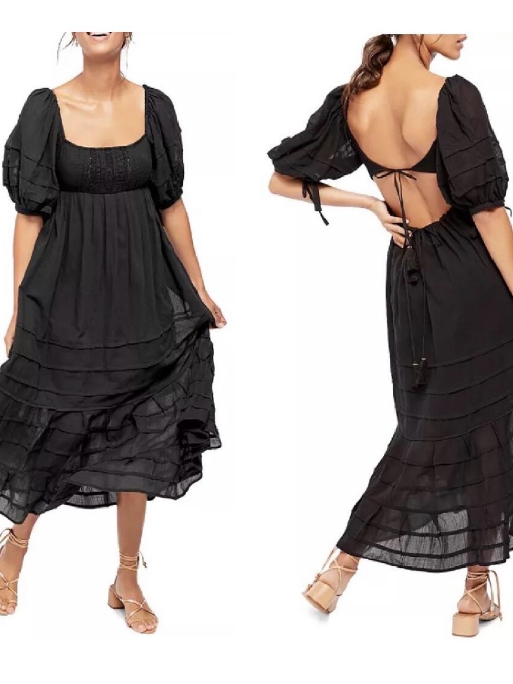 Free People Black Open-Back Puff/Tie-Sleeve Midi-Maxi - L - NWT